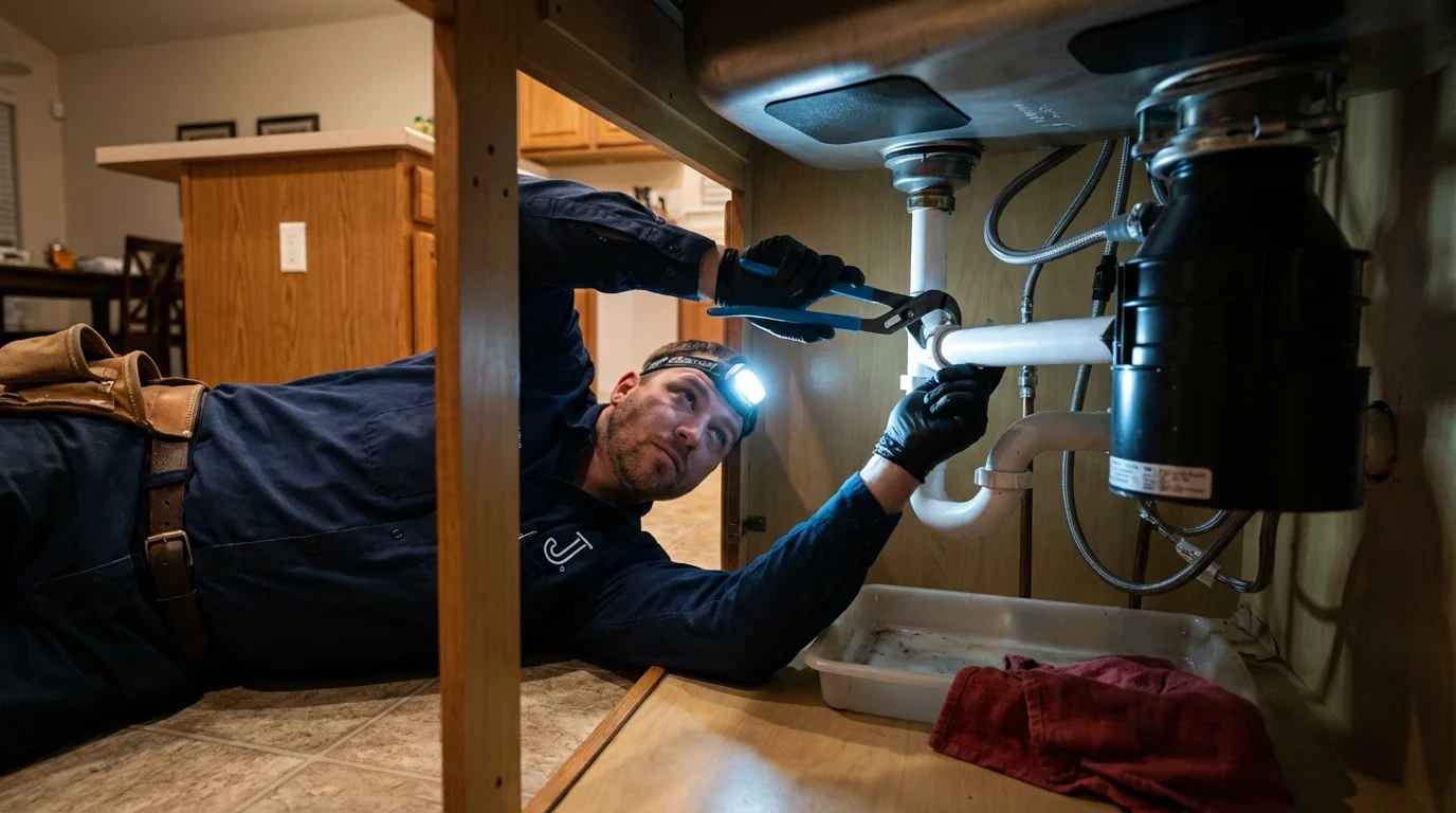 P-trap and supply line connections under a kitchen sink showing a common leak point in Greenville, KY